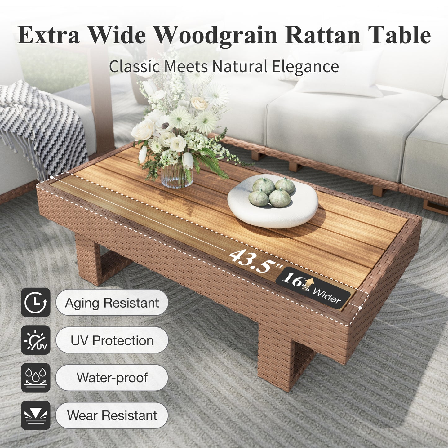 Captiva Designs Outdoor Patio Rattan Woodgrain HDPE Sectional Sofa Conversation Set with Thick Cushions