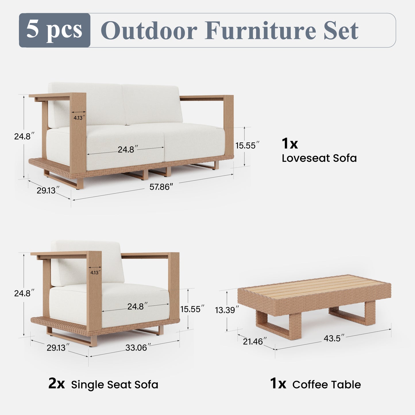 Captiva Designs Outdoor Patio Rattan Woodgrain HDPE Sectional Sofa Conversation Set with Thick Cushions