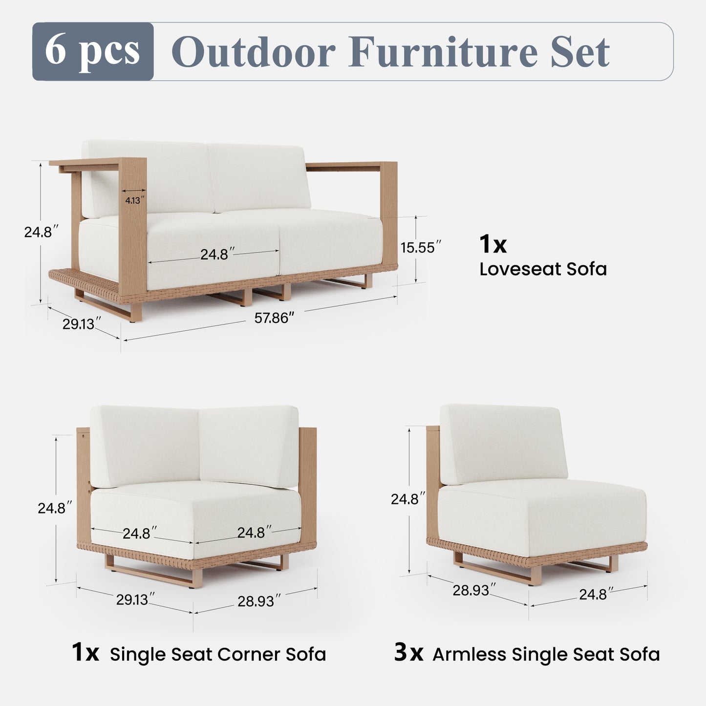 Captiva Designs Outdoor Patio Rattan Woodgrain HDPE Sectional Sofa Conversation Set with Thick Cushions