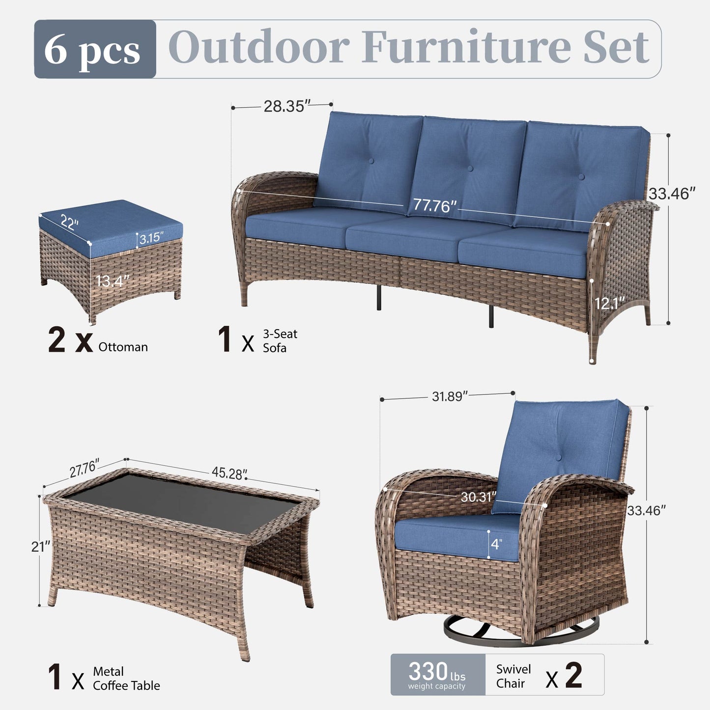 Captiva Designs Vintage Patio Swivel Wicker Conversation Sofa Set with Ottomans