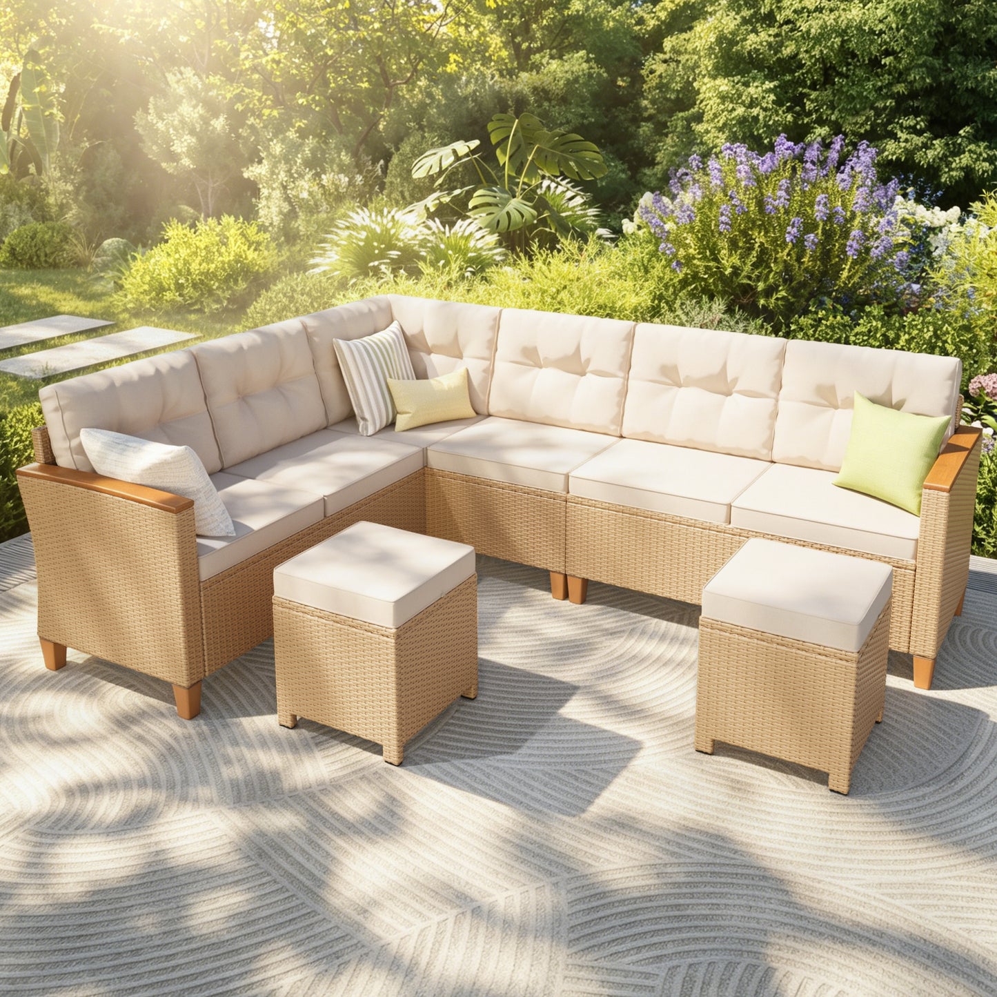 Captiva Designs Outdoor Patio Wicker Conversation Set, Outside L-Shaped Sectional Sofa Couch with 2 Ottomans