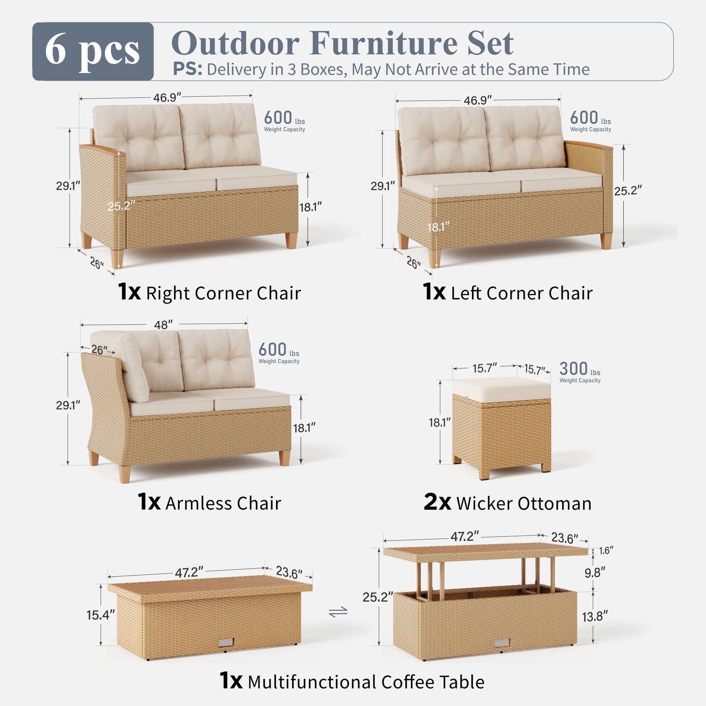 Captiva Designs Outdoor Patio Wicker Conversation Set, Outside L-Shaped Sectional Sofa Couch with 2 Ottomans