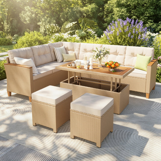 Captiva Designs Outdoor Patio Wicker Conversation Set, Outside L-Shaped Sectional Sofa Couch with 2 Ottomans