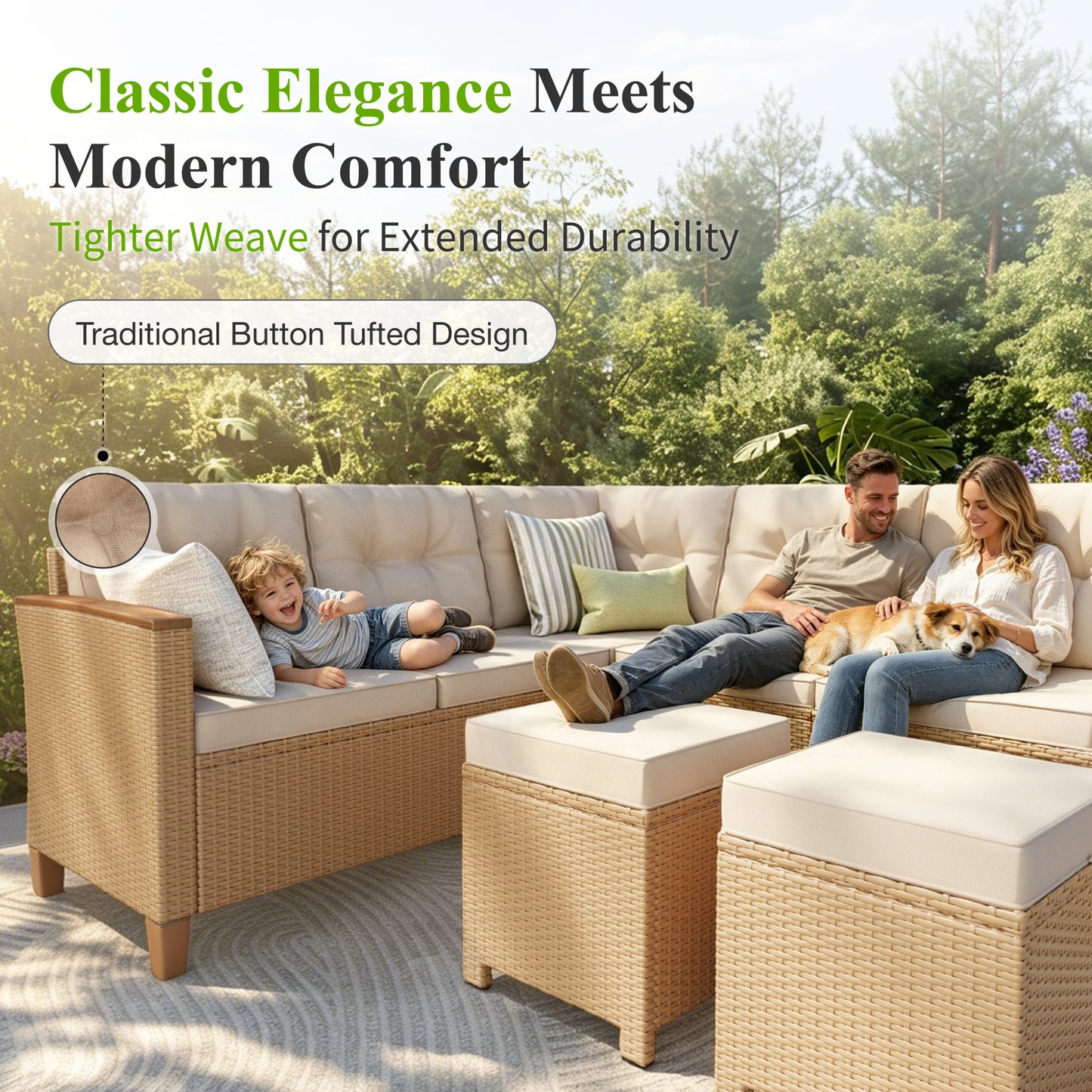 Captiva Designs Outdoor Patio Wicker Conversation Set, Outside L-Shaped Sectional Sofa Couch with 2 Ottomans
