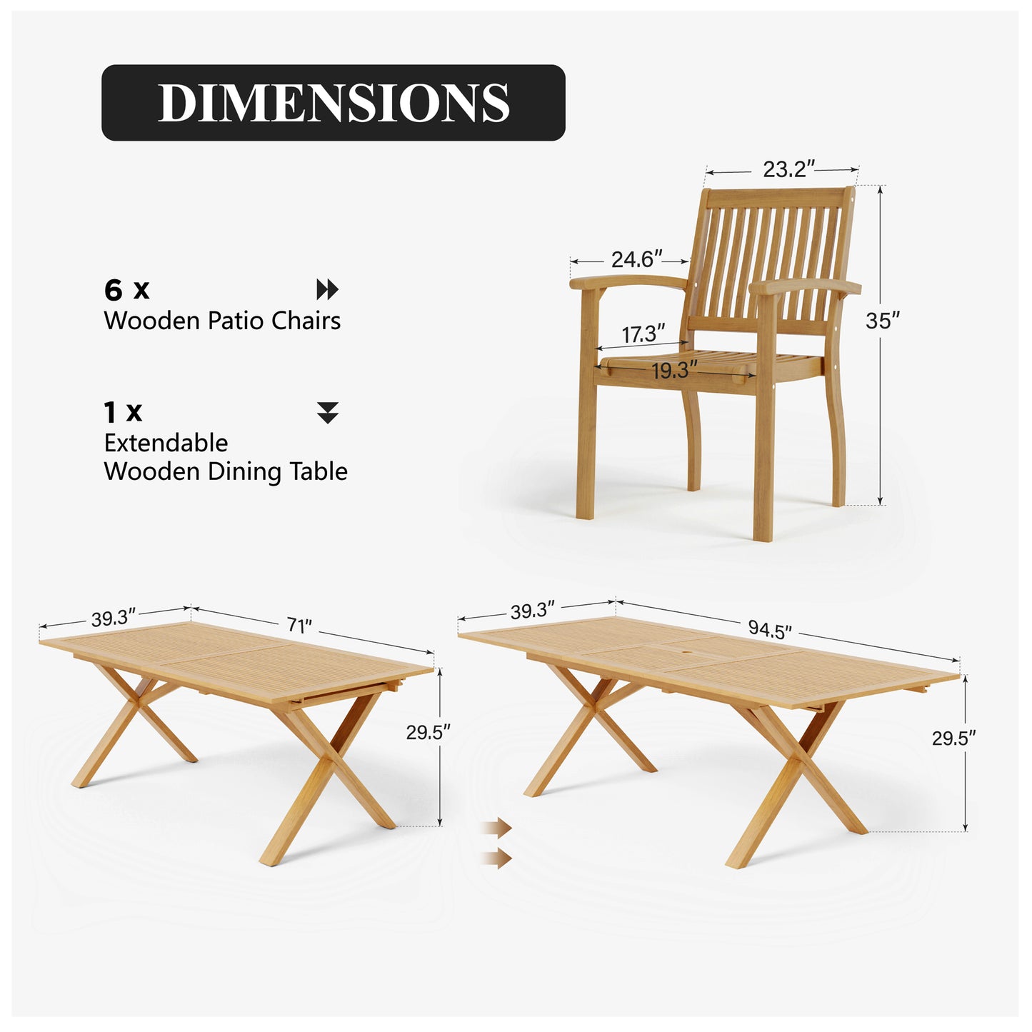 Captiva Designs 7 件套相思木露台家具套装，配有可扩展桌子和软垫椅子