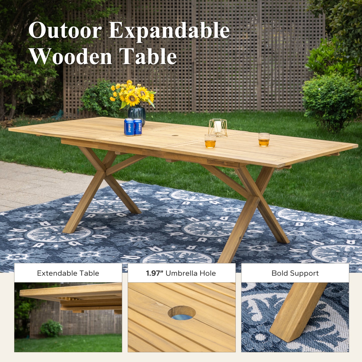 Captiva Designs 9 件套相思木露台家具套装，带可扩展桌子和软垫椅子