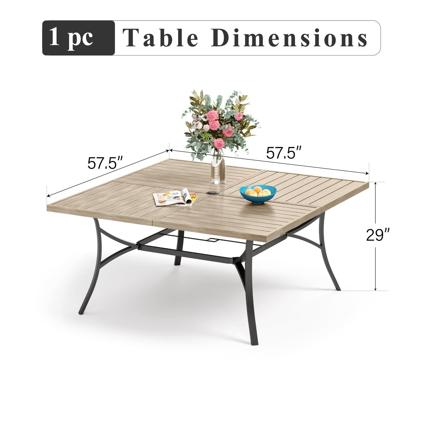 Captiva Designs 1pc Patio Spacious Slat-top Square Metal Table with Umbrella Hole for 8
