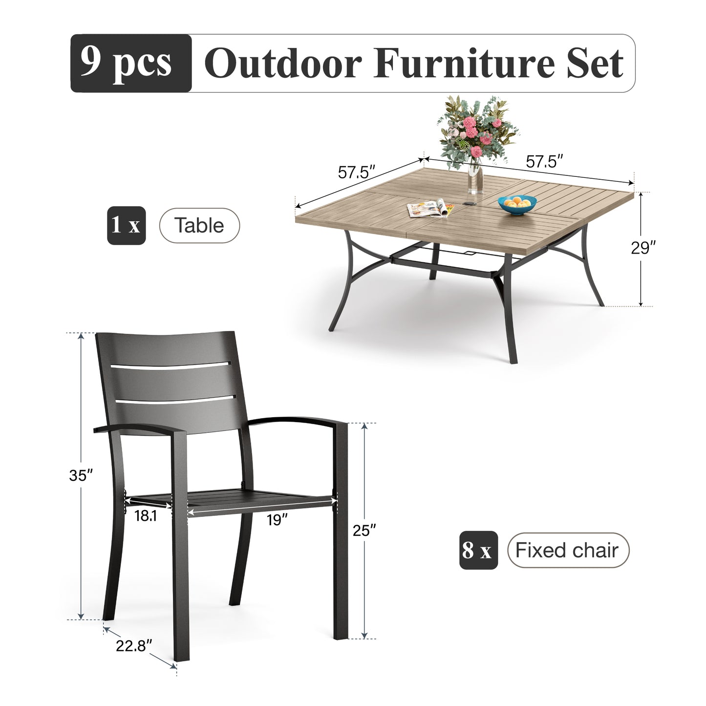 Captiva Designs 9pc Patio Slat-top Metal Dining Table & Metal Chairs with Stripe Back