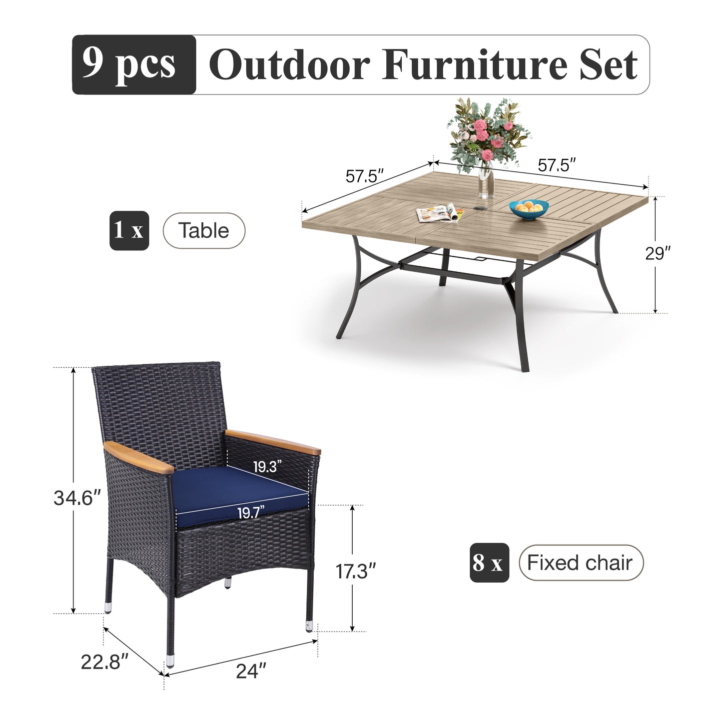 Captiva Designs 9pc Patio Spacious Slat-top Square Metal Table & Armrest Rattan Chairs with Cushions