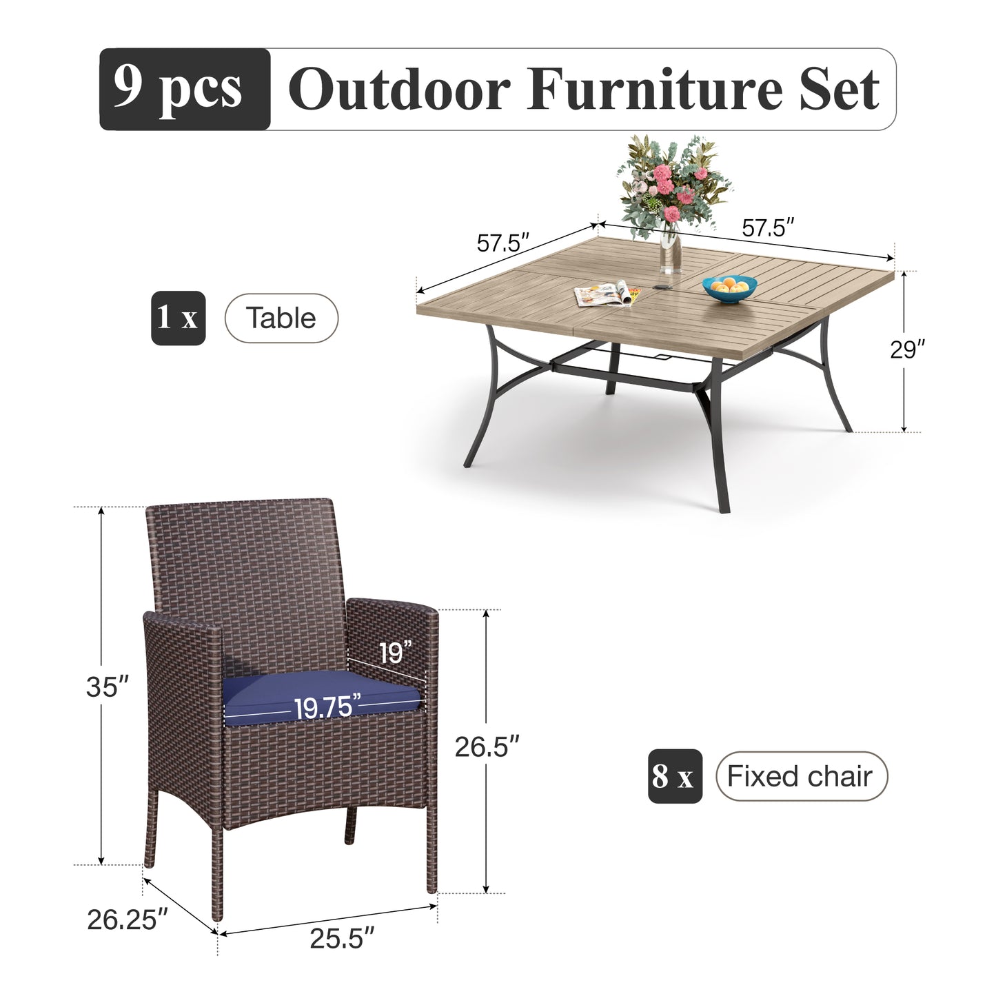 Captiva Designs 9pc Patio Spacious Slat-top Square Metal Table & Armrest Rattan Chairs with Cushions
