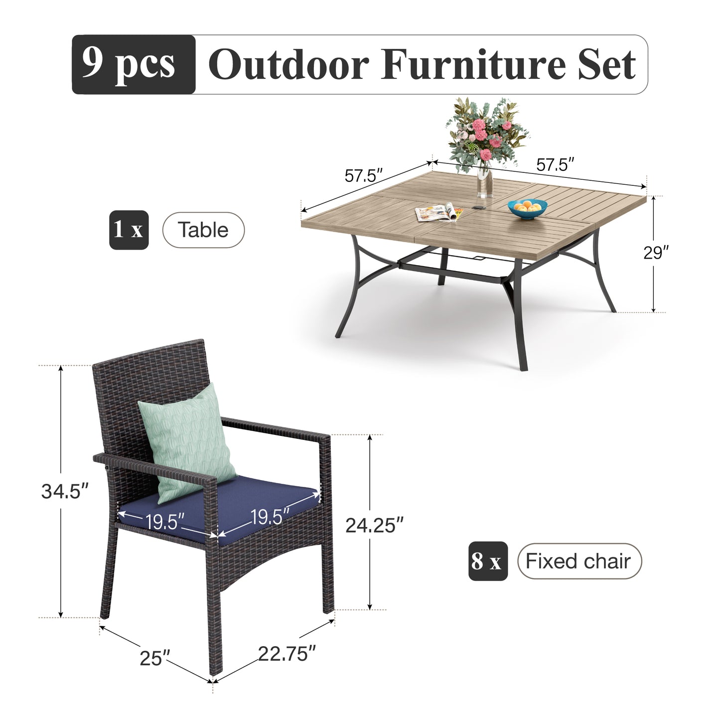 Captiva Designs 9pc Patio Spacious Slat-top Square Metal Table & Armrest Rattan Chairs with Cushions