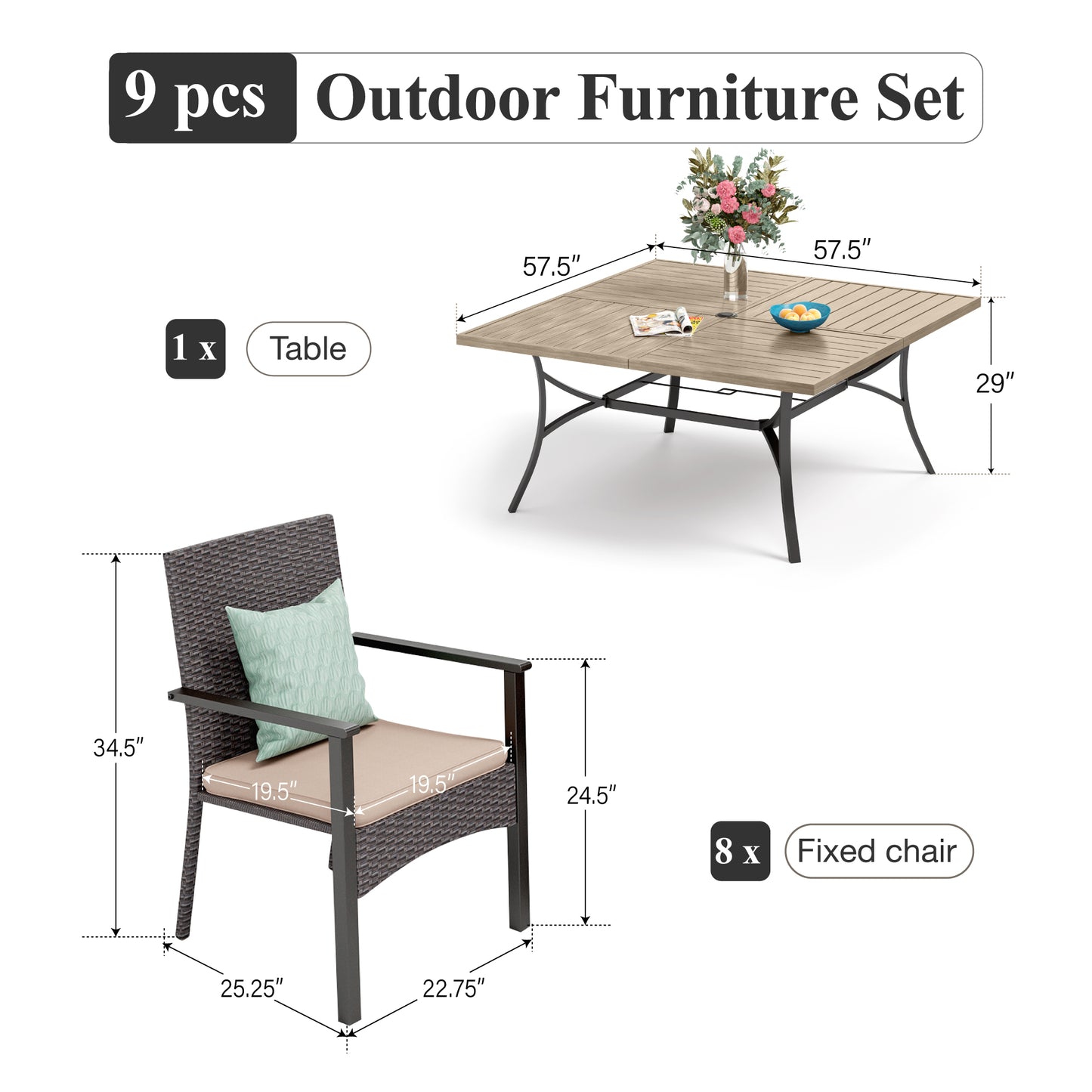 Captiva Designs 9pc Patio Spacious Slat-top Square Metal Table & Armrest Rattan Chairs with Cushions