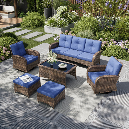 Captiva Designs Vintage Patio Swivel Wicker Conversation Sofa Set with Ottomans