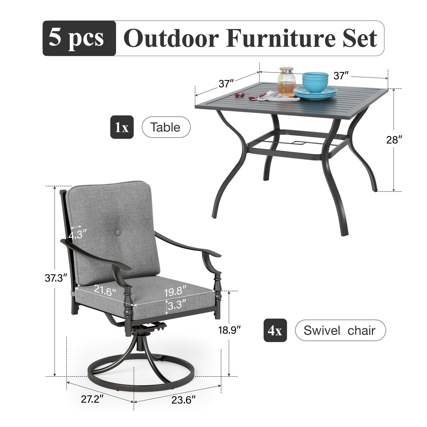 Captiva Designs Patio Dining Set with Slat-top Steel Table & Metal Chairs with Cushions