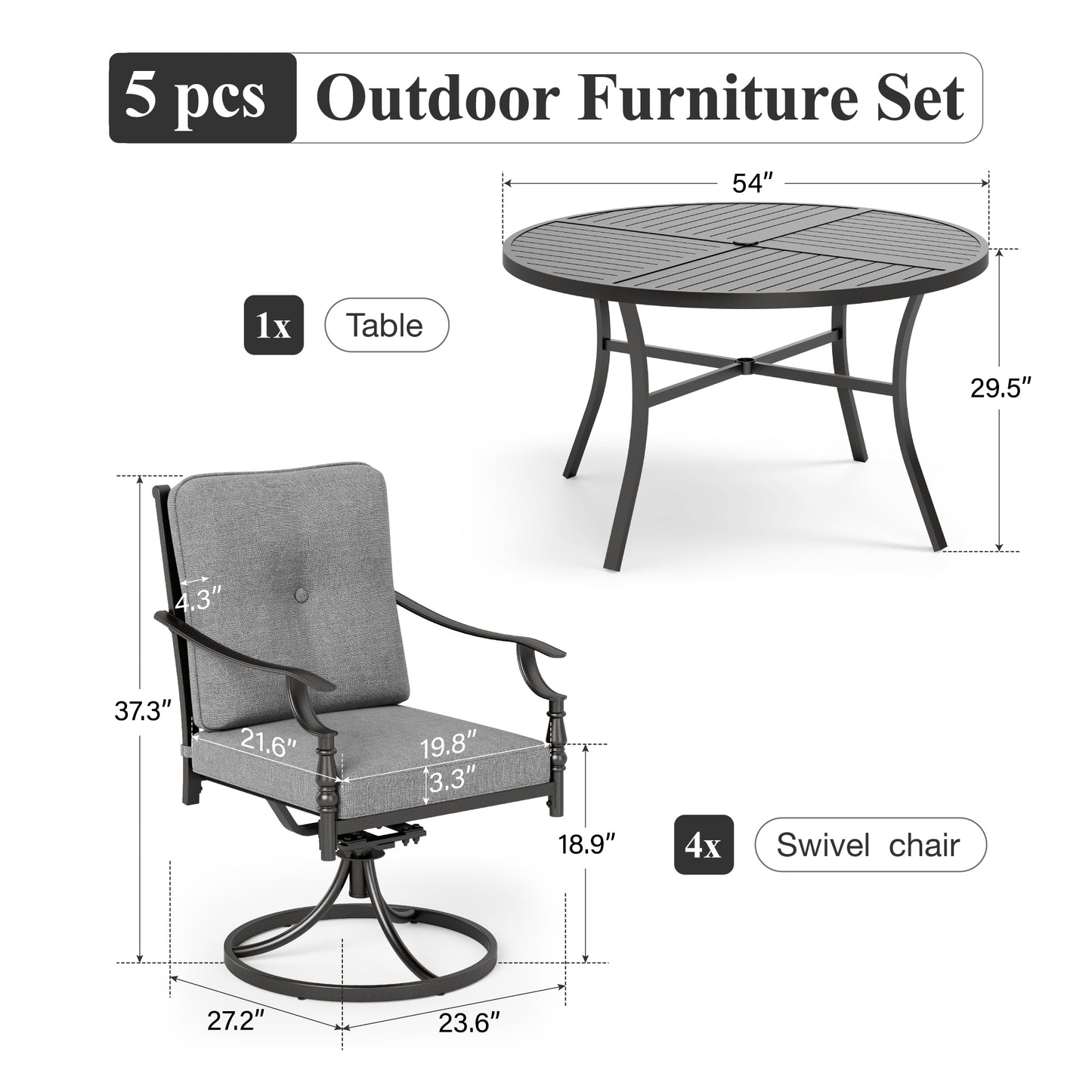 Captiva Designs Patio Dining Set with Slat-top Steel Table & Metal Chairs with Cushions