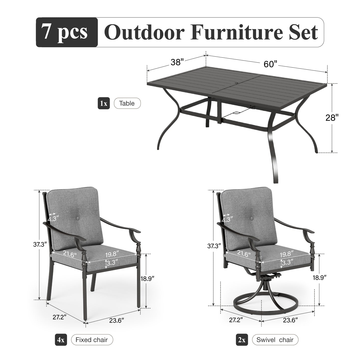 Captiva Designs Patio Dining Set with Slat-top Steel Table & Metal Chairs with Cushions