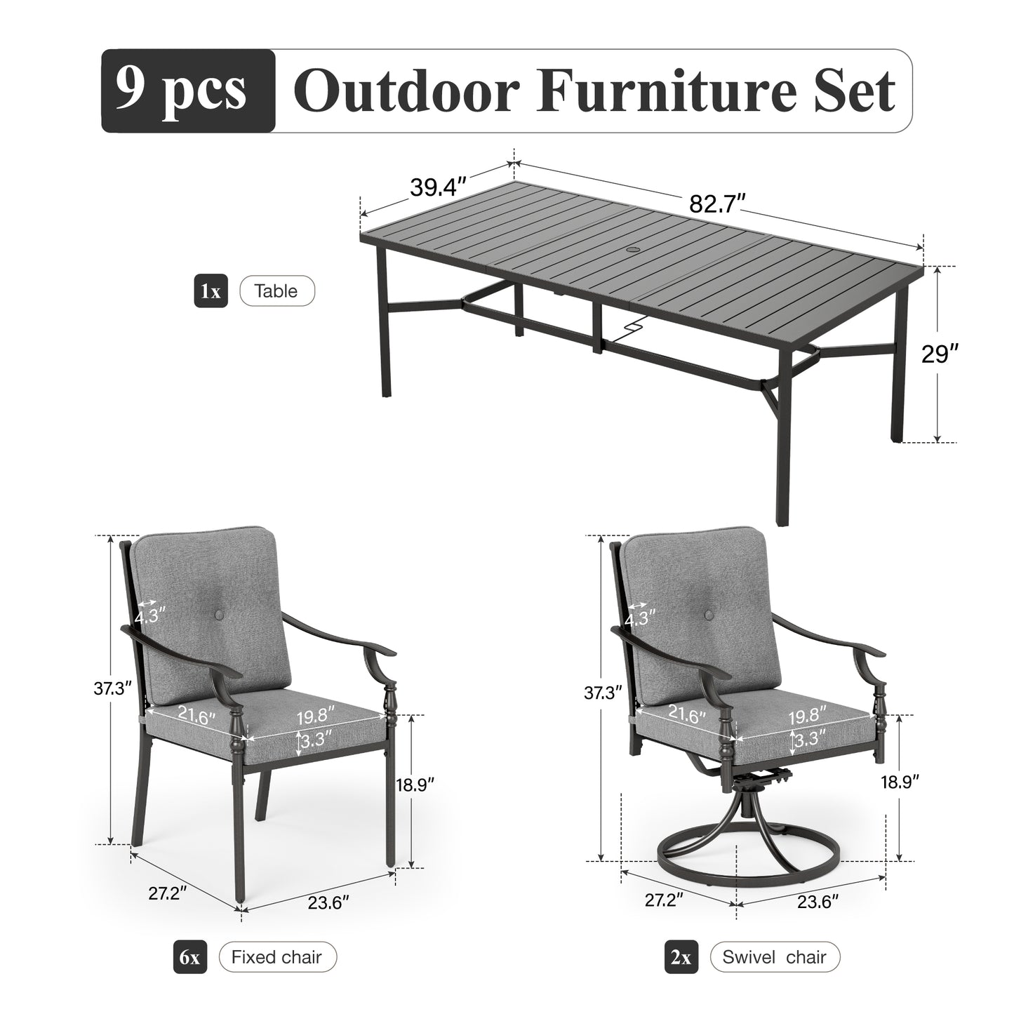 Captiva Designs Patio Dining Set with Slat-top Steel Table & Metal Chairs with Cushions