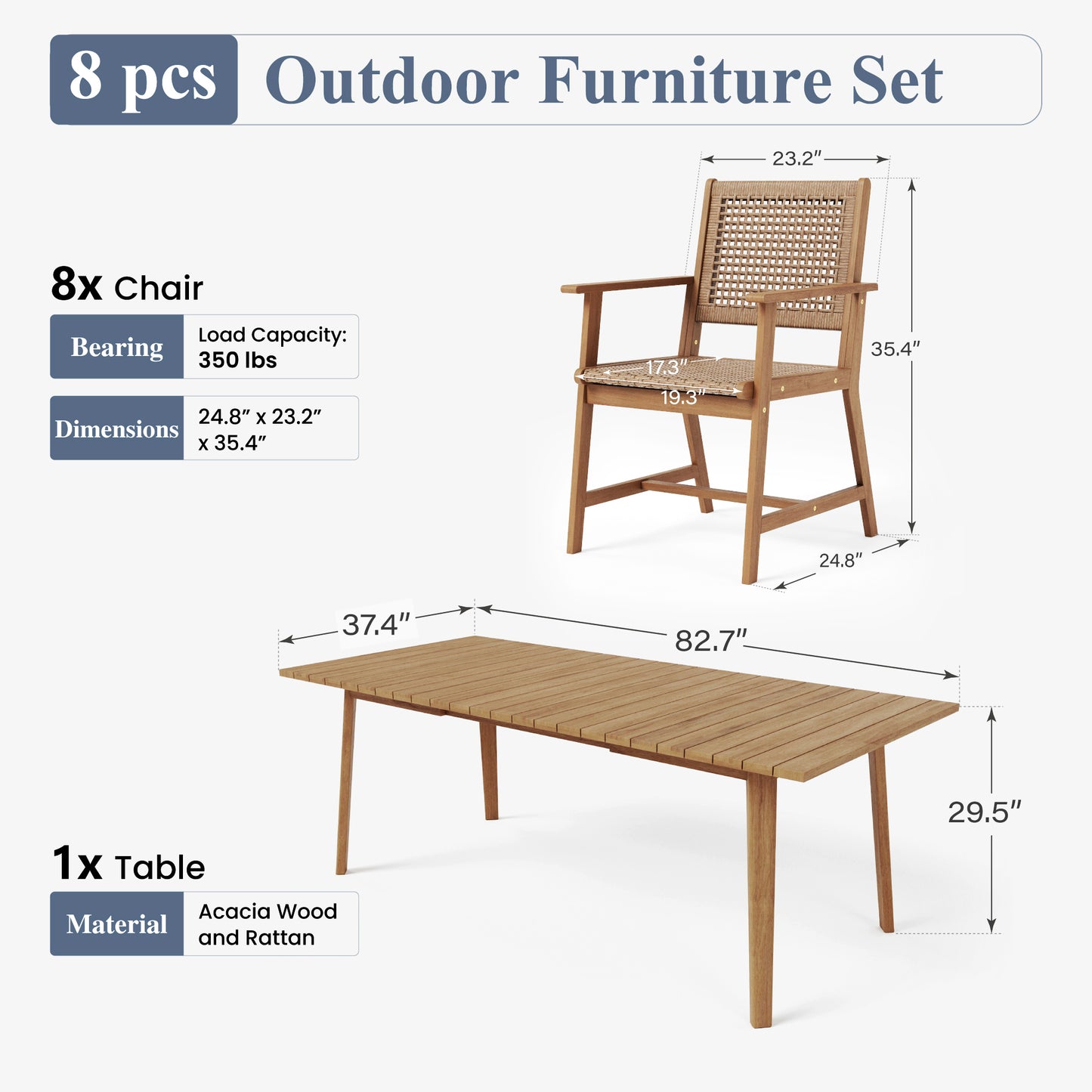 Captiva Designs 9 件套露台户外木质餐桌椅套装，配有 8 把藤椅和 1 张相思木长方形桌子