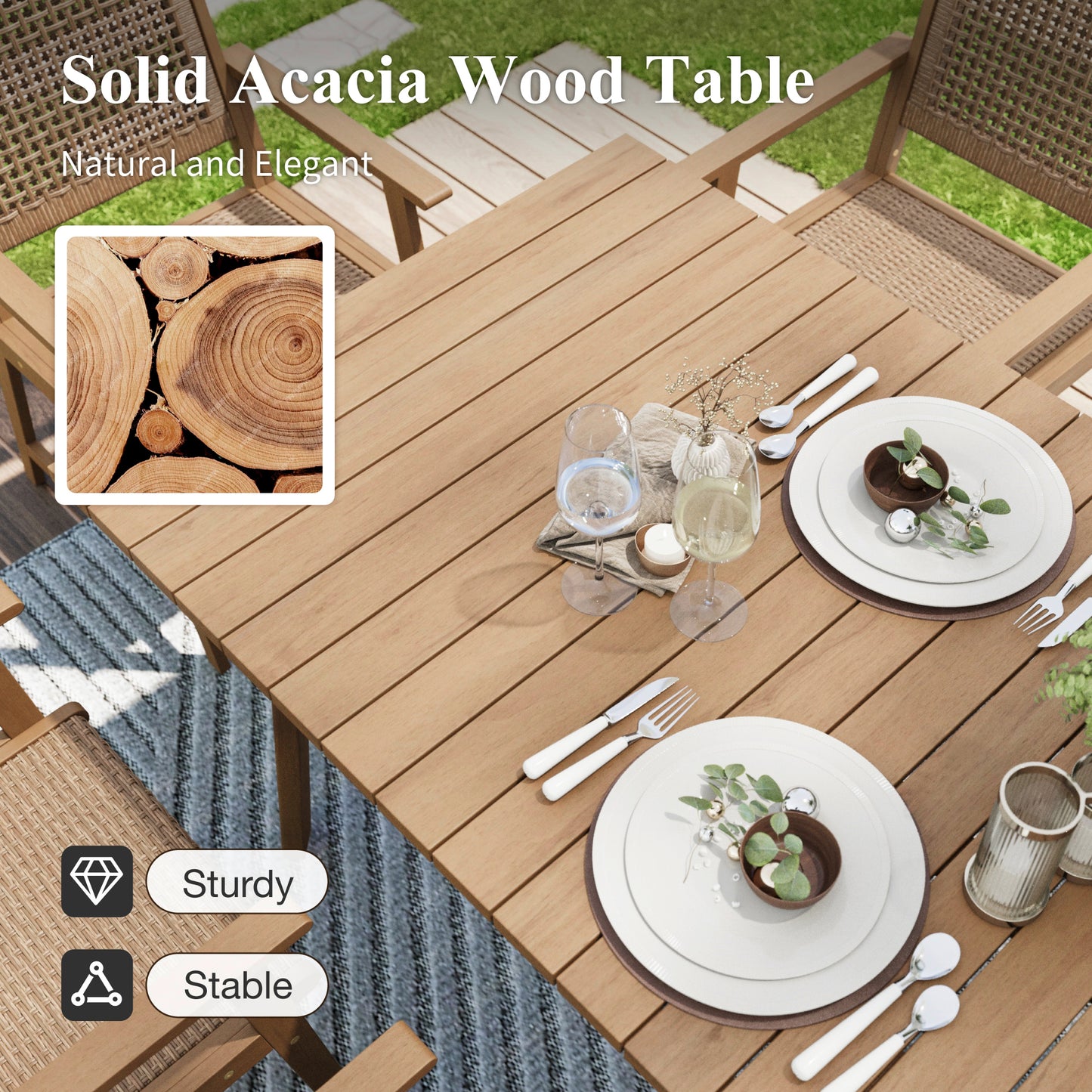 Captiva Designs 9 件套露台户外木质餐桌椅套装，配有 8 把藤椅和 1 张相思木长方形桌子