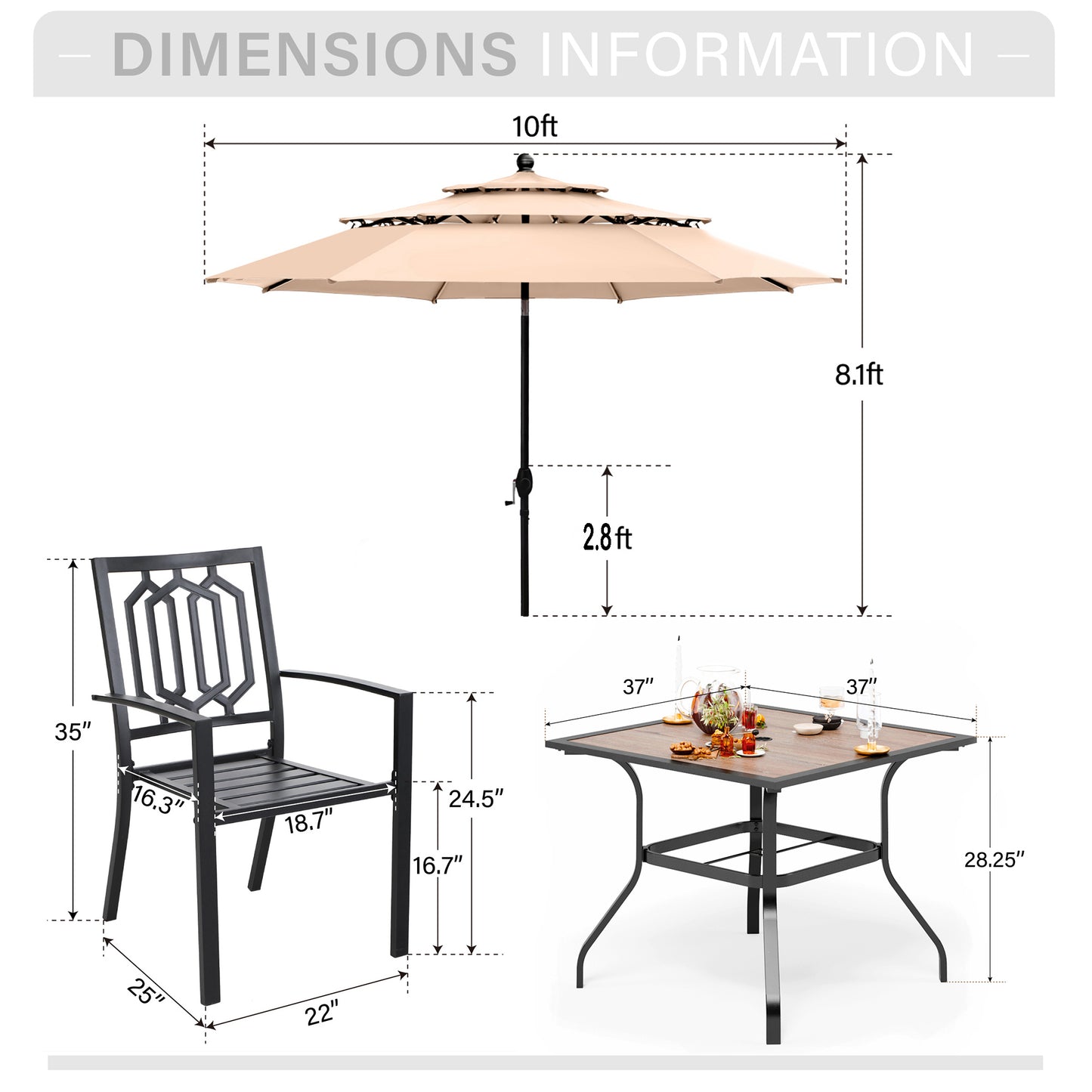 Captiva Designs 6pc Patio Square Table & Fusiform Back Metal Chairs & Beige Umbrella