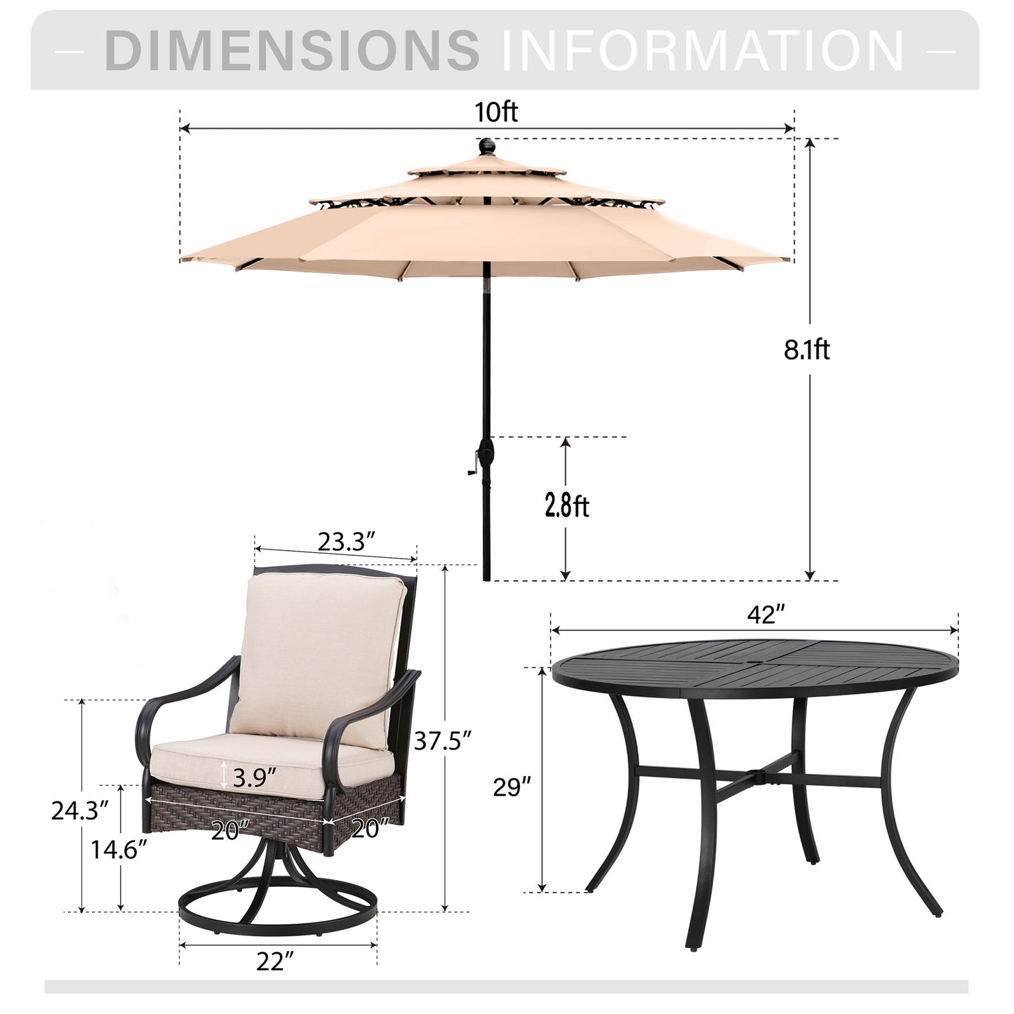 Captiva Designs 6pc Patio Slat-top Steel Table & Swivel Chairs with Thick Cushions & Beige 10ft Umbrella