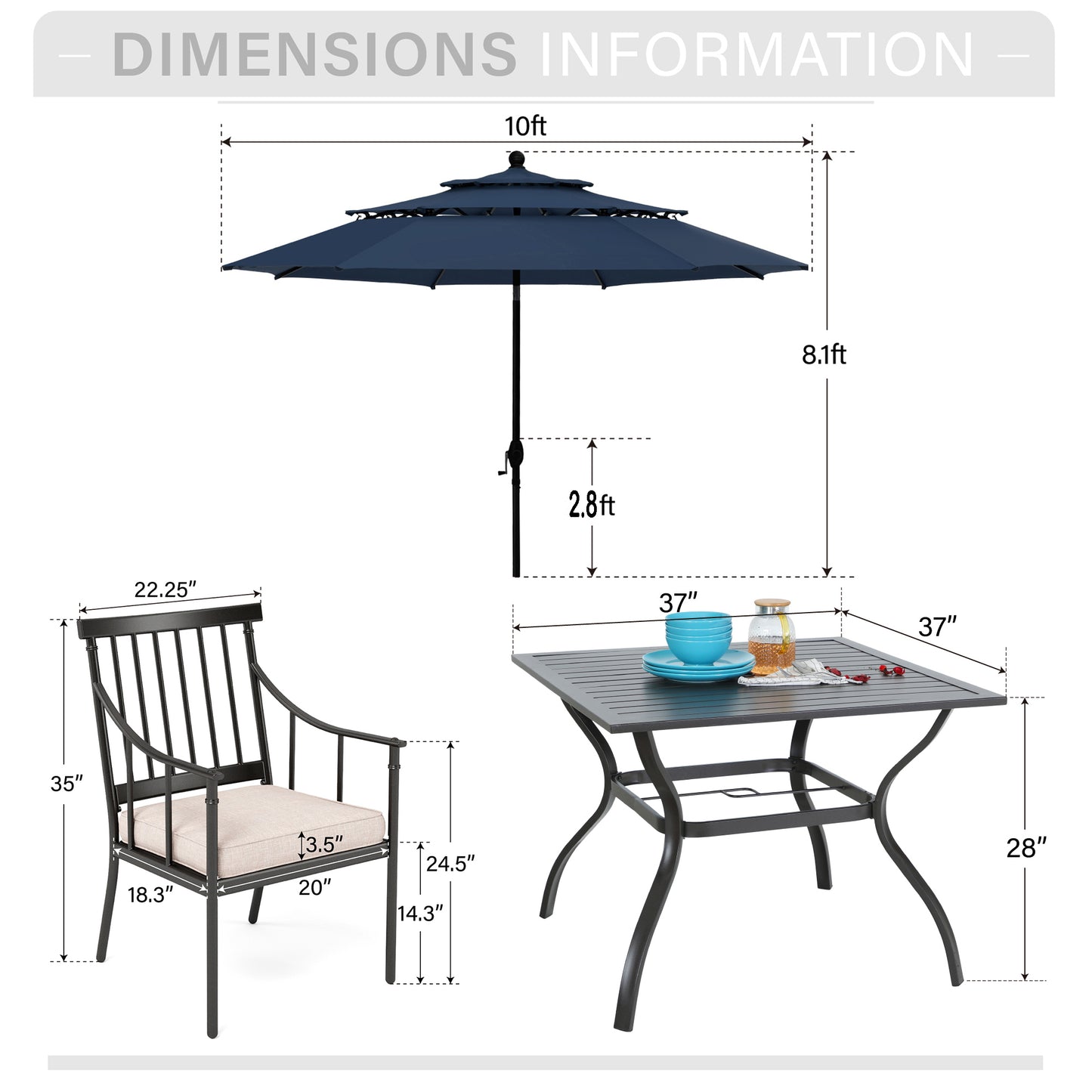 Captiva Designs 6pc Patio Square Steel Dining Table & Stylish Cushioned Chairs & 10ft Market Umbrella