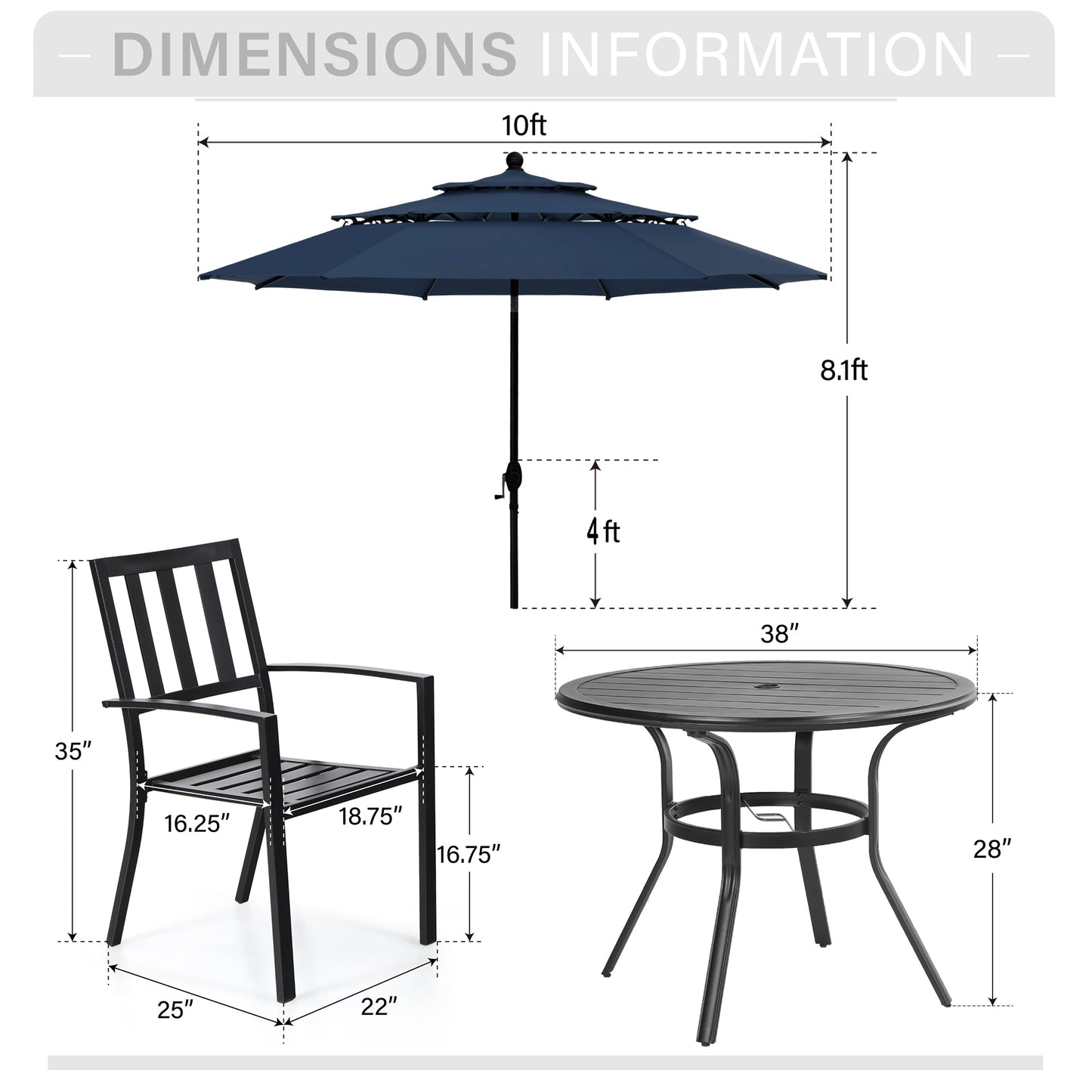 Captiva Designs 6pc Patio Round Dining Table & Stackable Fixed Chairs & 10ft 3 Tier Auto-tilt Umbrella