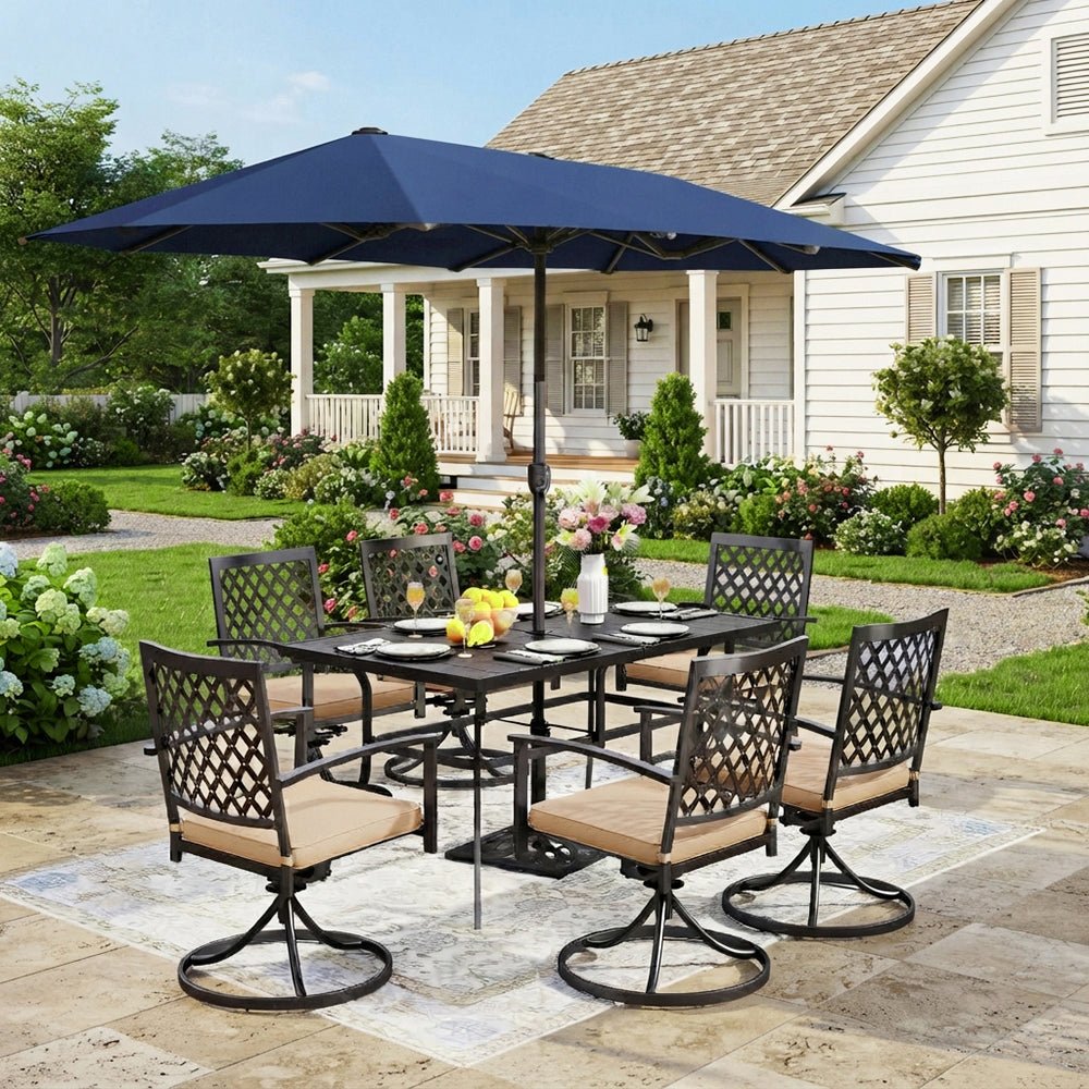 Captiva Designs 8pc Outdoor Rectangular Steel Dining Table & Black Steel Chairs & Market Umbrella