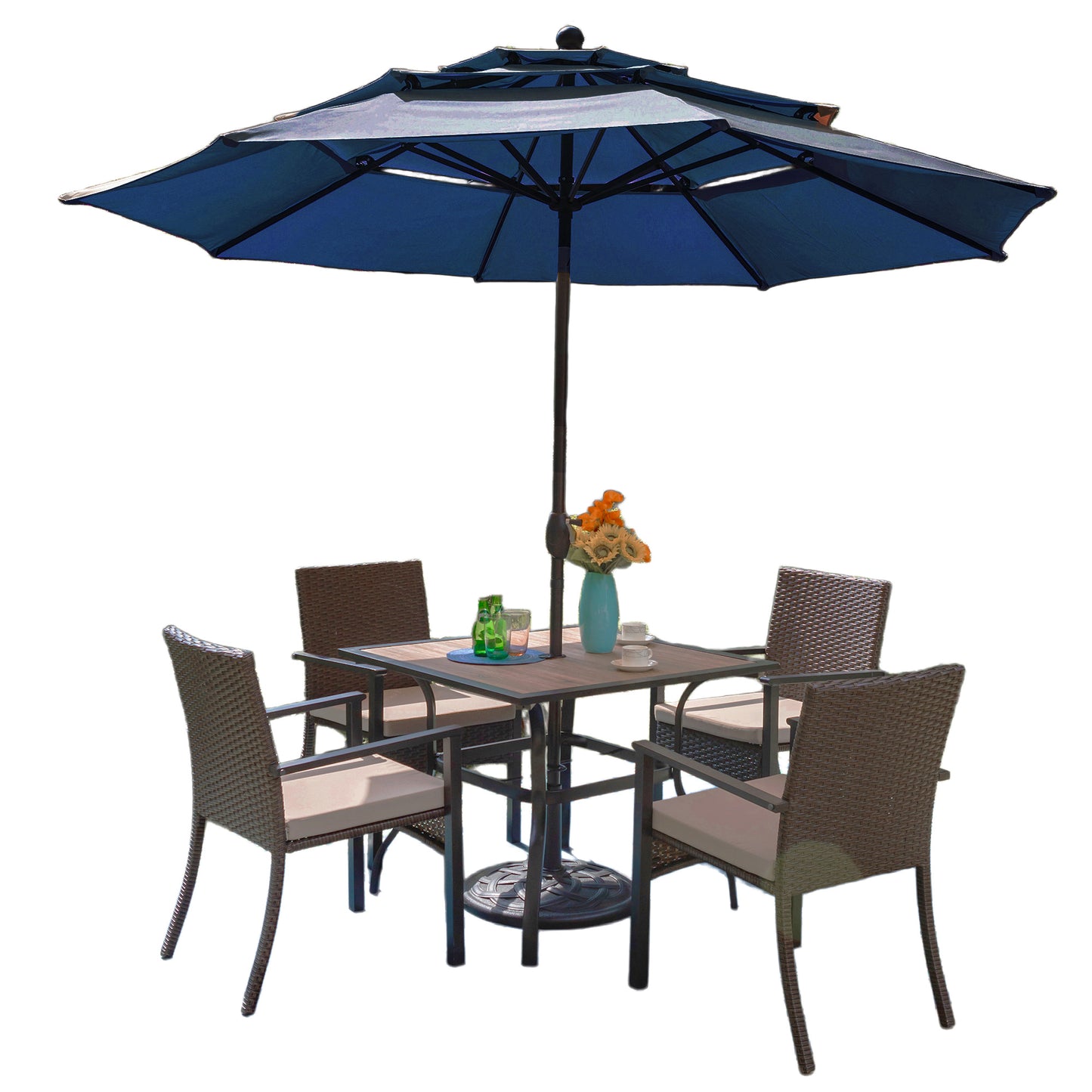 Captiva Designs 6pc Outdoor Patio Steel Dining Table & Rattan Haiti Chairs & Market Umbrella