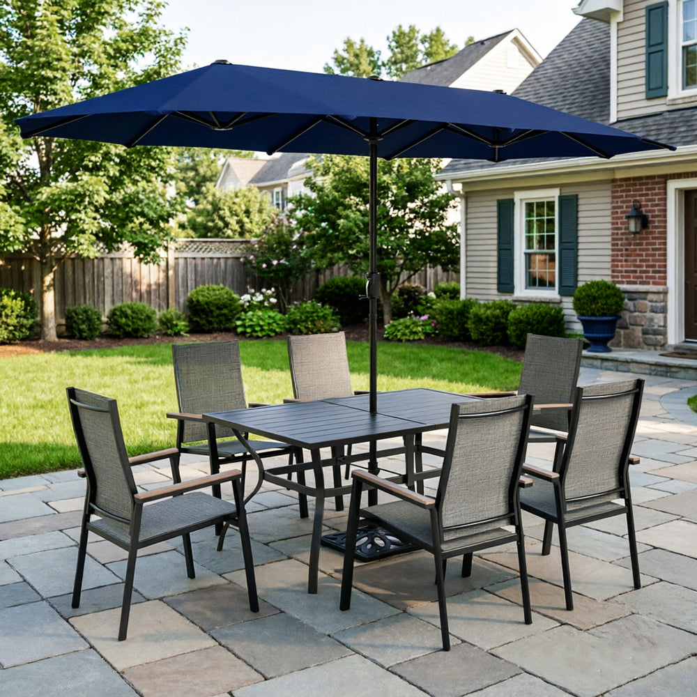 Captiva Designs 8pc Patio Dining Slat-top Steel Table & Aluminum Stackable Chairs & Market Umbrella