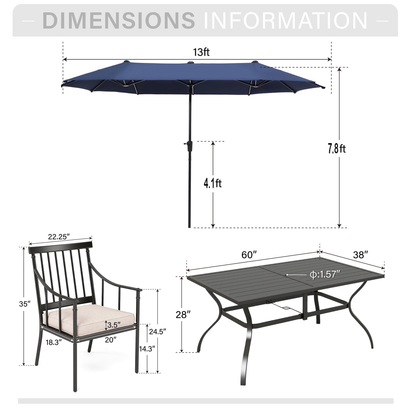 Captiva Designs 8pc Patio Dining Black Rectangular Table & Stylish Metal Chairs & Market Umbrella