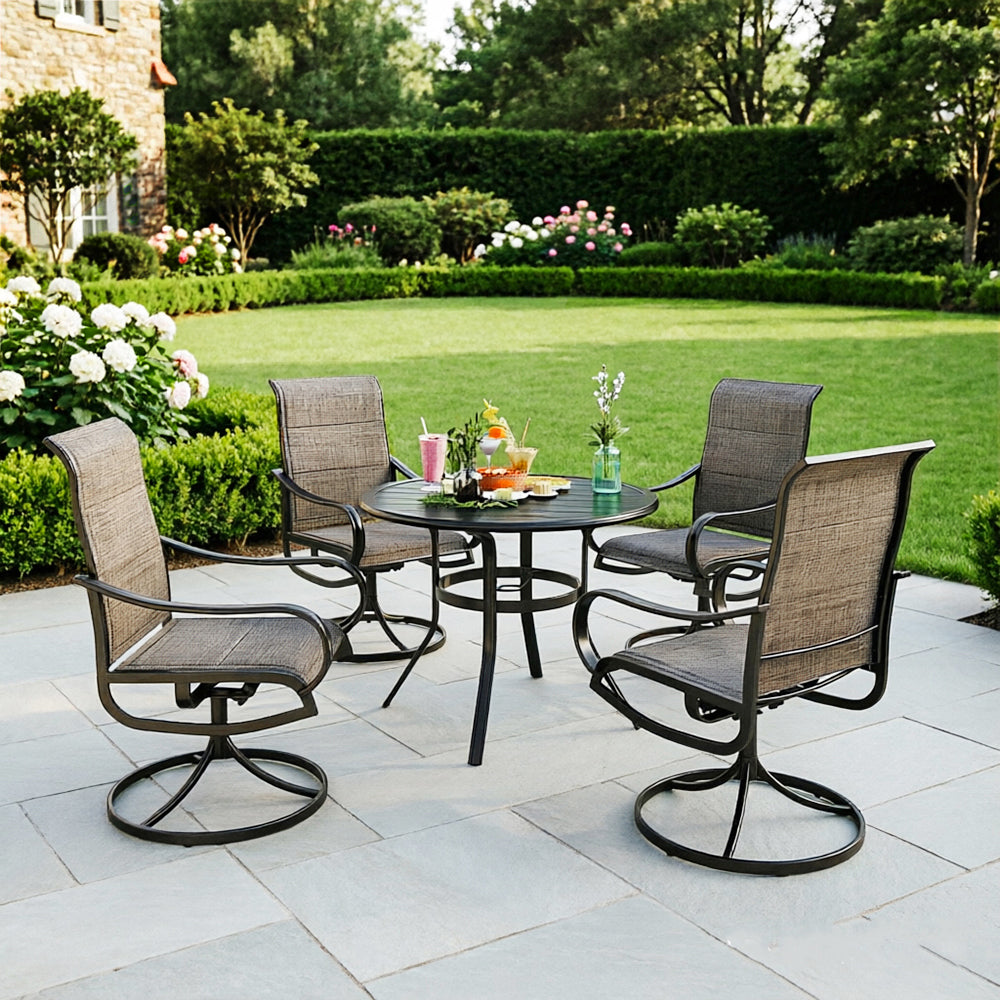 Captiva Designs 5pc Outdoor Patio Slat-top Black Round Dining Steel Table & Steel Frame Sling Chairs