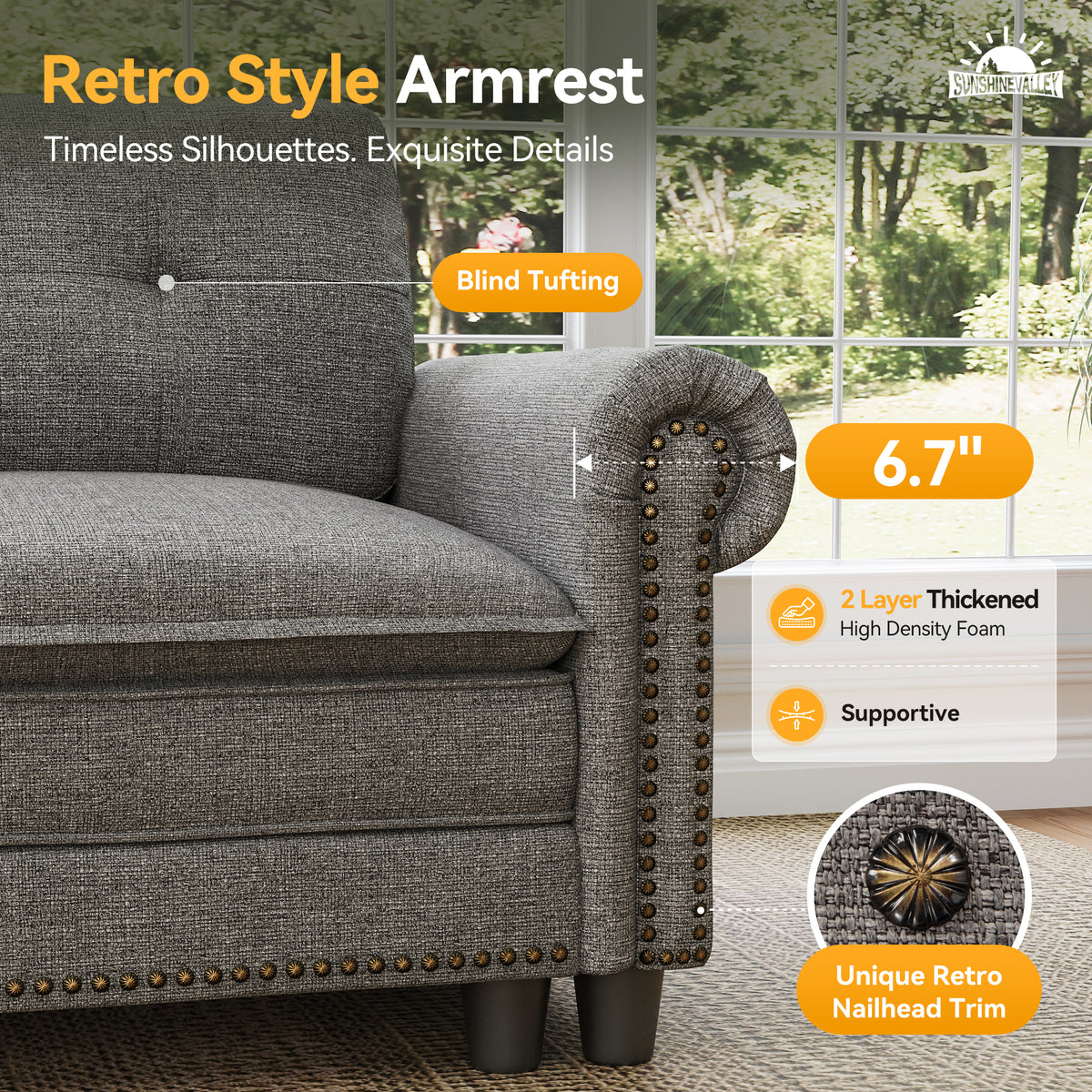 SUNSHINE VALLEY Modular Sectional Couch and Loveseat Set for Living Room, Mid-Century Modern 5-Seat Couch Set, Medium Heathered Grey, Rolled Arms & Nailhead Trim, Deeper Seats, Linen Furniture Set