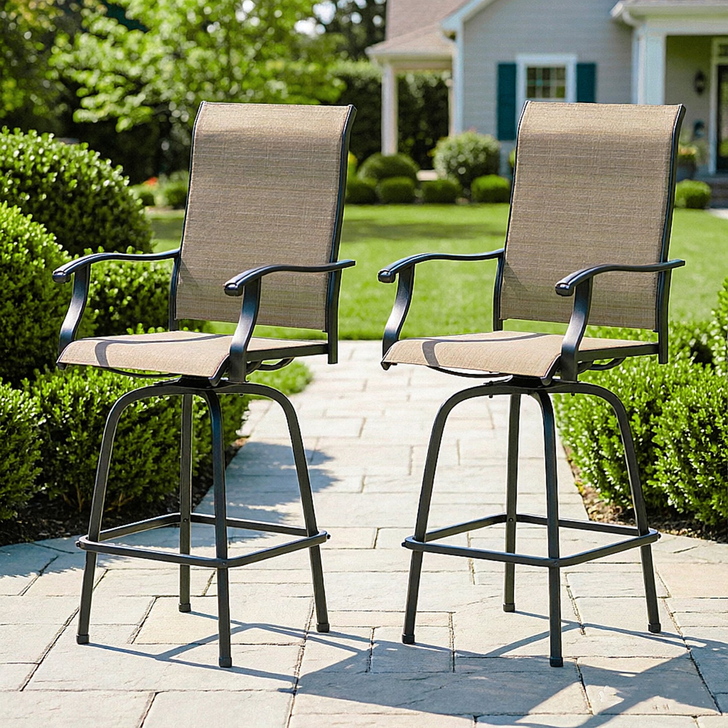 Captiva Designs Outdoor Patio Sling Bar Stools with Waved Armrests & Reinforced Base