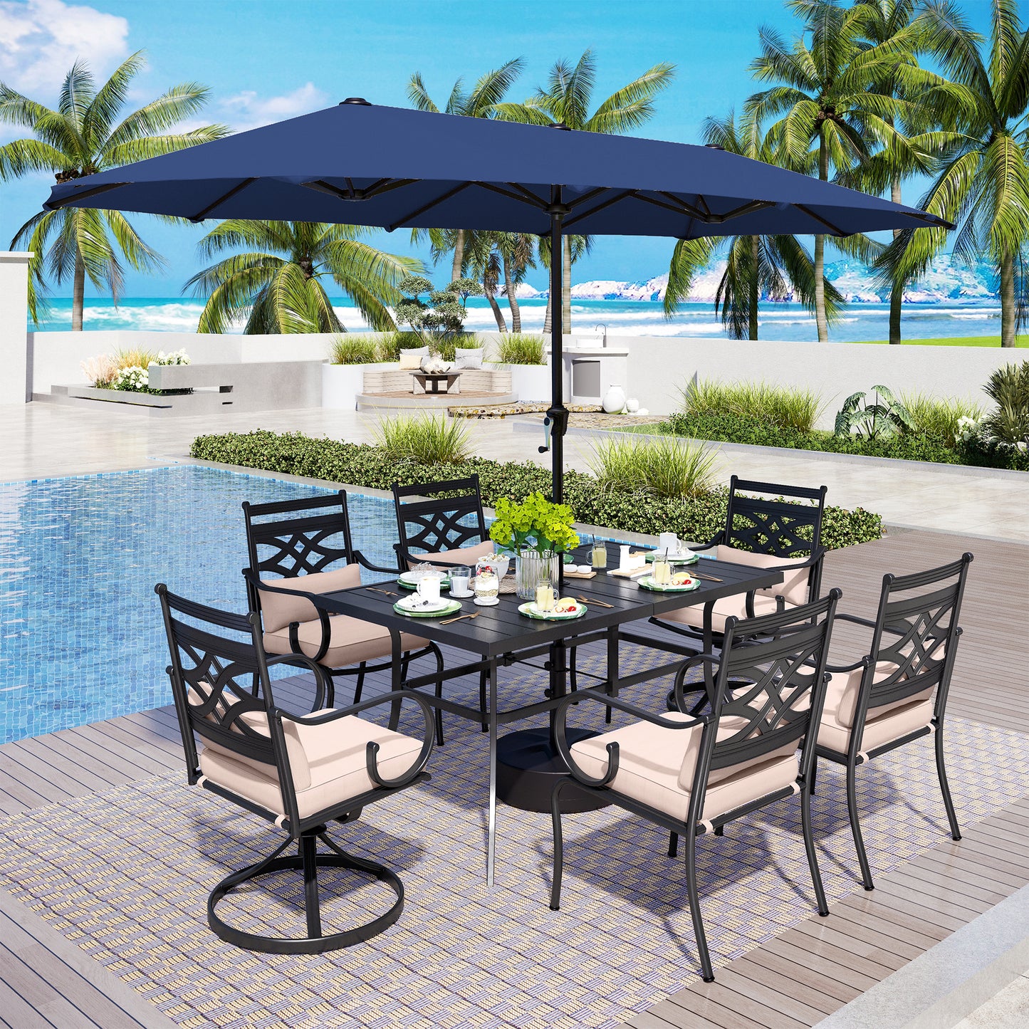 Captiva Designs 8Pc Outdoor Steel Rectangle Dining Table & Cushioned Metal Chairs & Market Umbrella
