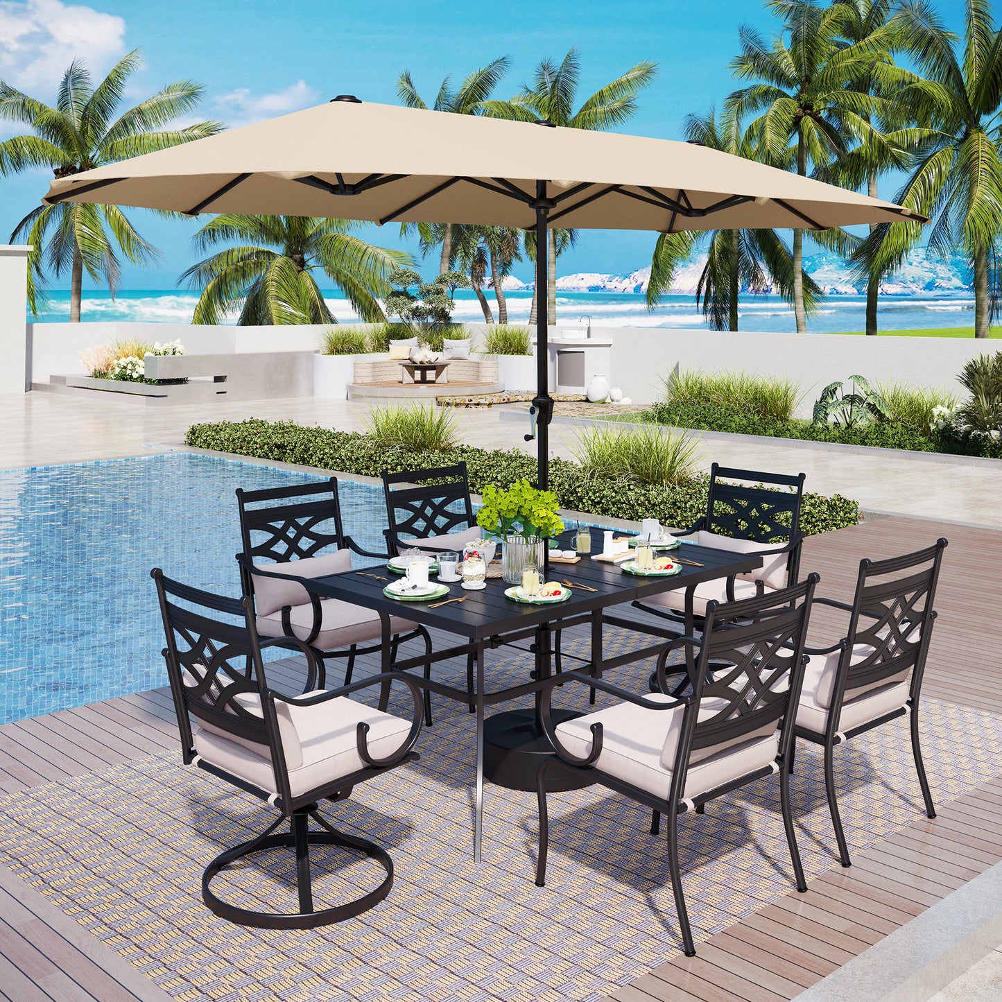 Captiva Designs 8Pc Outdoor Steel Rectangle Dining Table & Cushioned Metal Chairs & Market Umbrella