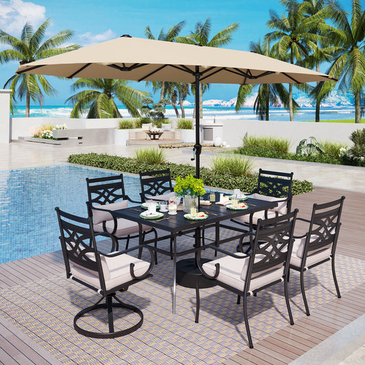 Captiva Designs 8Pc Outdoor Steel Rectangle Dining Table & Cushioned Metal Chairs & Market Umbrella