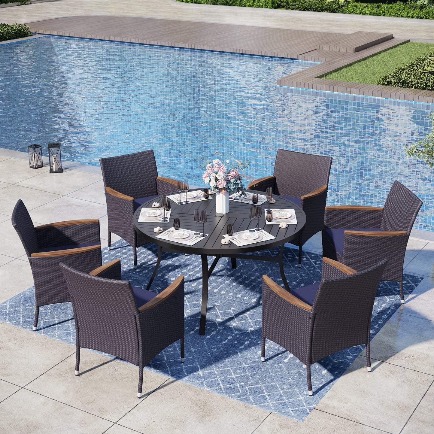 Captiva Designs 7pc Outdoor Patio Slat-top  Dining Steel Table & Rattan Chairs with Removable Cushions