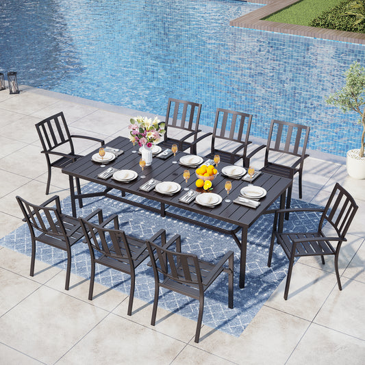 Captiva Designs 9pc Spacious Slat-top Rectangle Metal Table & Steel Stackable Chairs