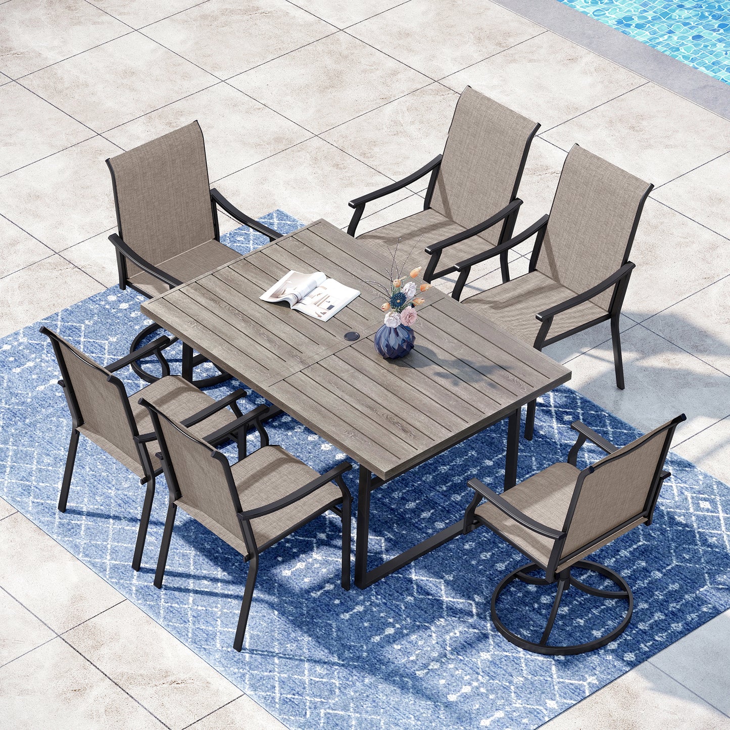 Captiva Designs 7 件套户外餐桌椅套装，配有带板顶的矩形桌子和高背藤制固定椅子