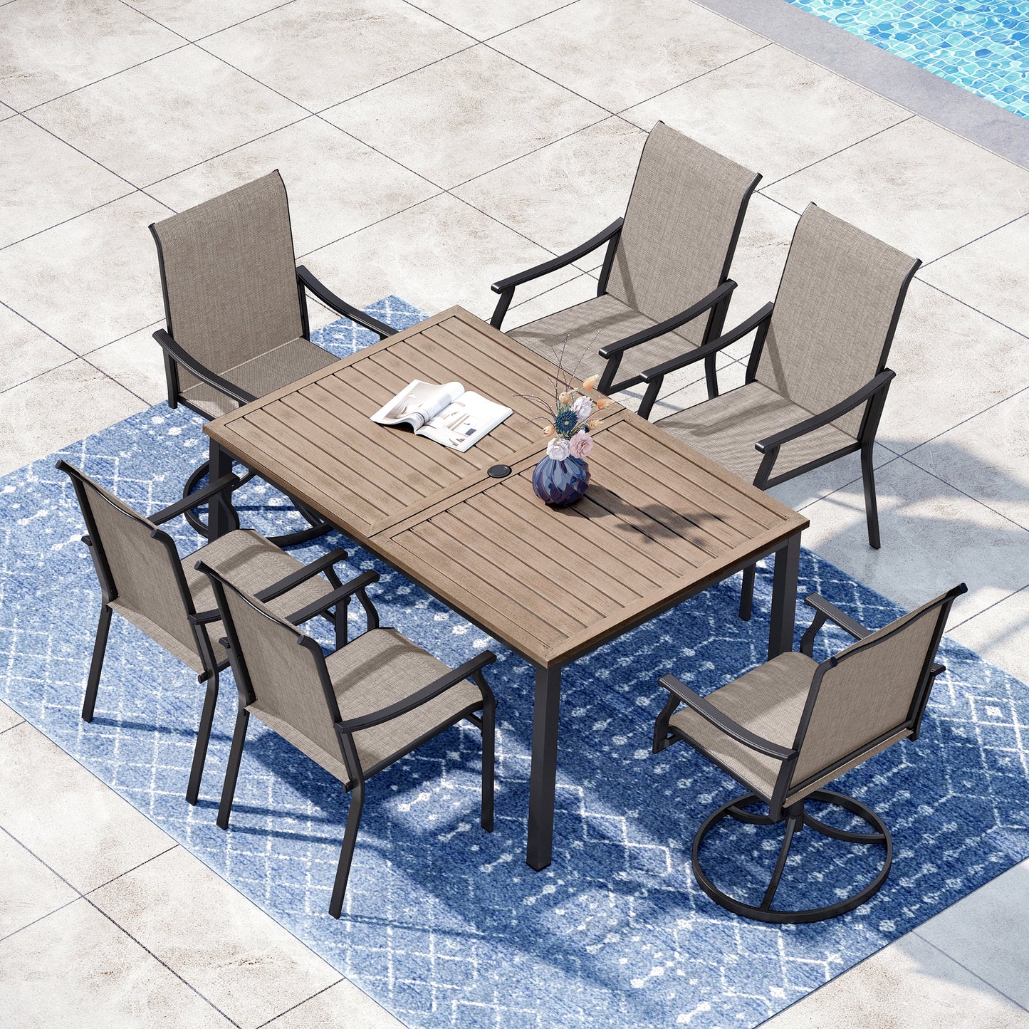 Captiva Designs 7pc Outdoor Patio Black Steel Dining Table & Brown Textilene Arm Chairs