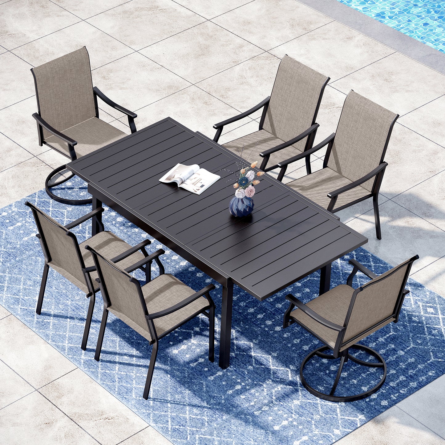 Captiva Designs 7pc Outdoor Patio Black Steel Dining Table & Brown Textilene Arm Chairs