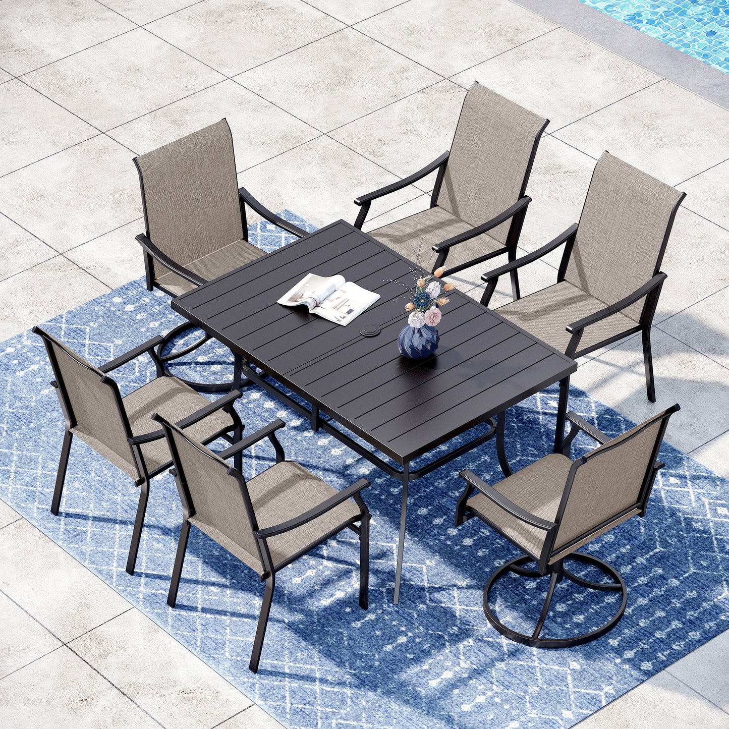 Captiva Designs 7 件套户外餐桌椅套装，配有带板顶的矩形桌子和高背藤制固定椅子