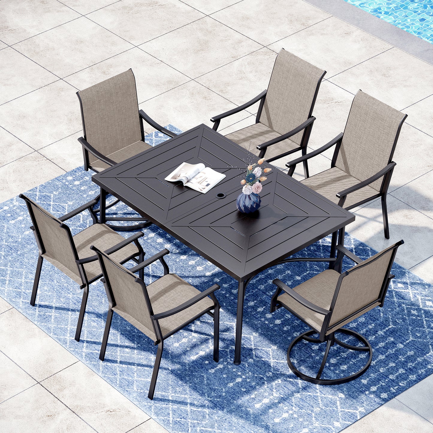 Captiva Designs 7 件套户外餐桌椅套装，配有带板顶的矩形桌子和高背藤制固定椅子