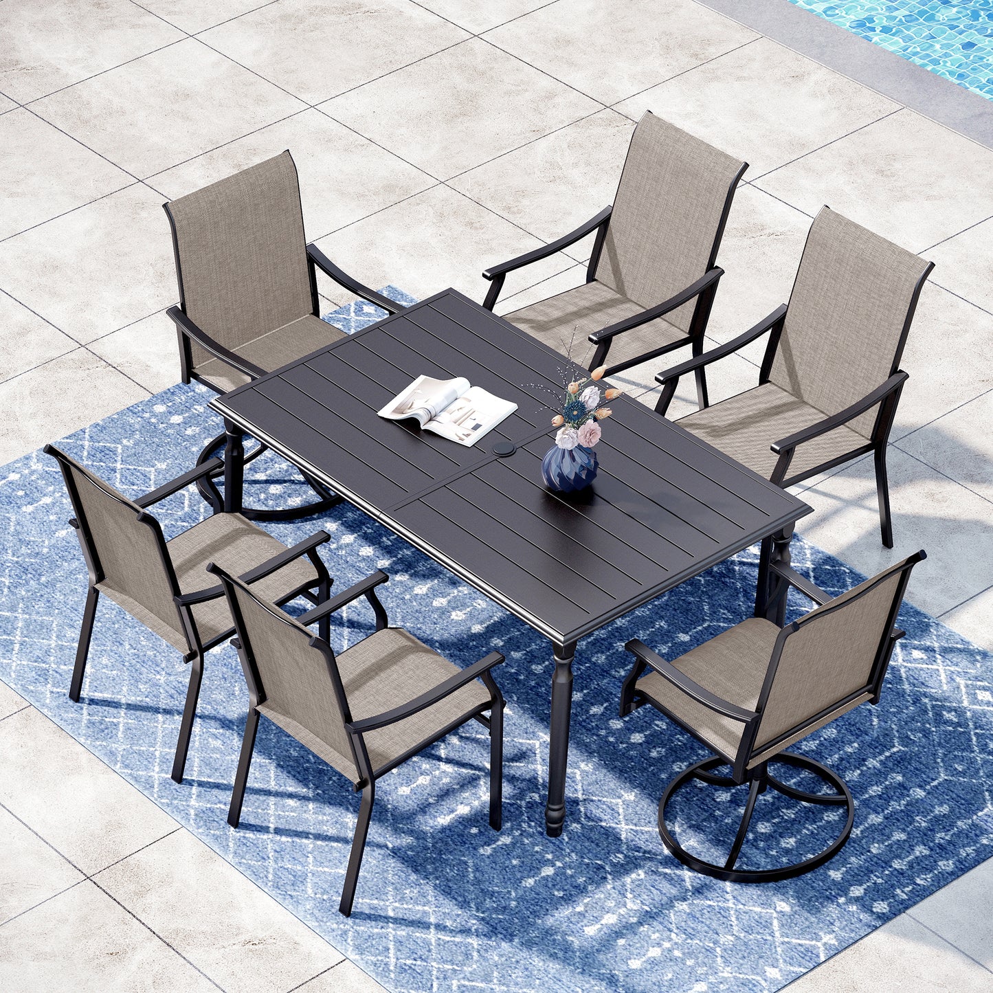 Captiva Designs 7pc Outdoor Patio Black Steel Dining Table & Brown Textilene Arm Chairs