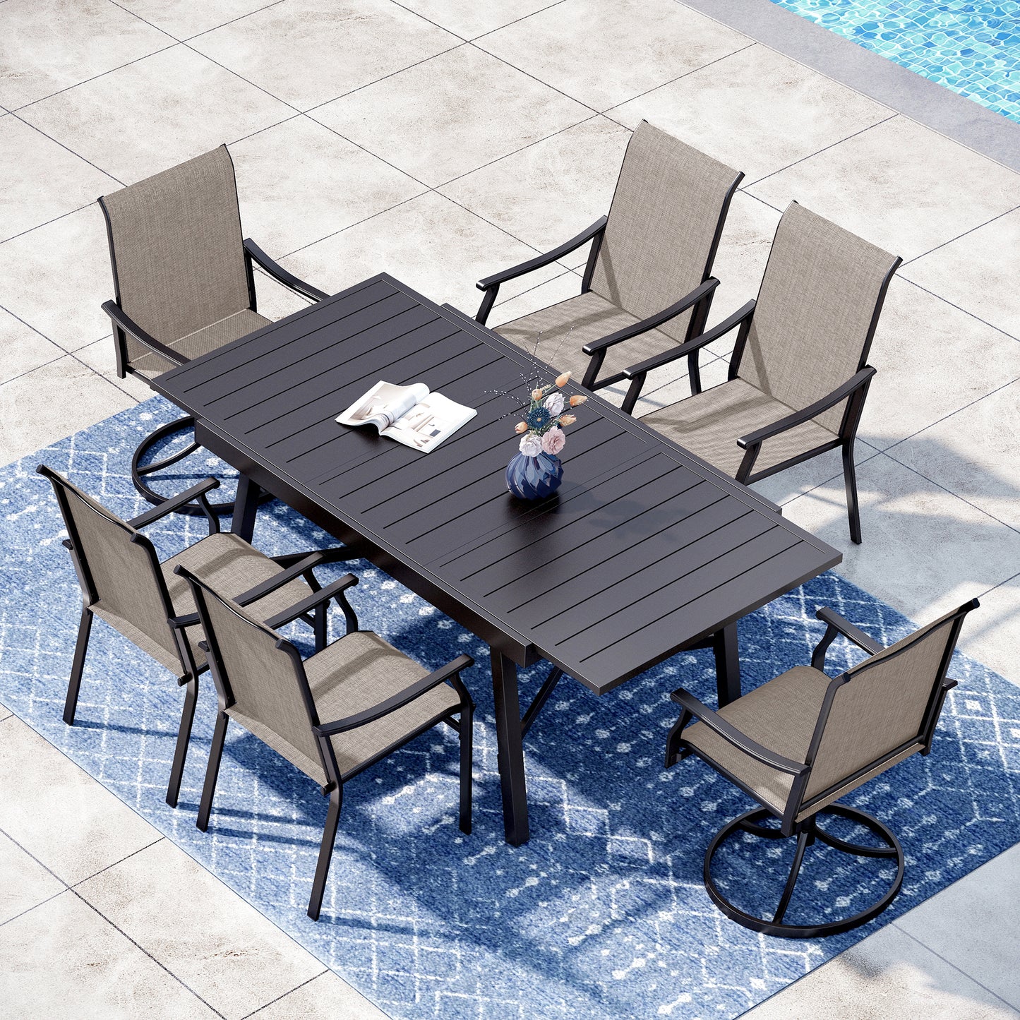 Captiva Designs 7pc Outdoor Patio Black Steel Dining Table & Brown Textilene Arm Chairs