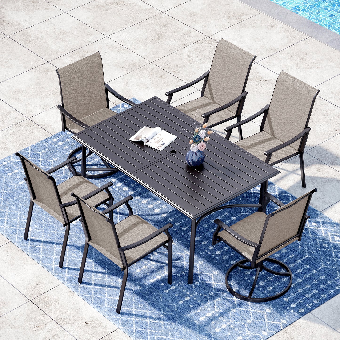 Captiva Designs 7 件套户外餐桌椅套装，配有带板顶的矩形桌子和高背藤制固定椅子