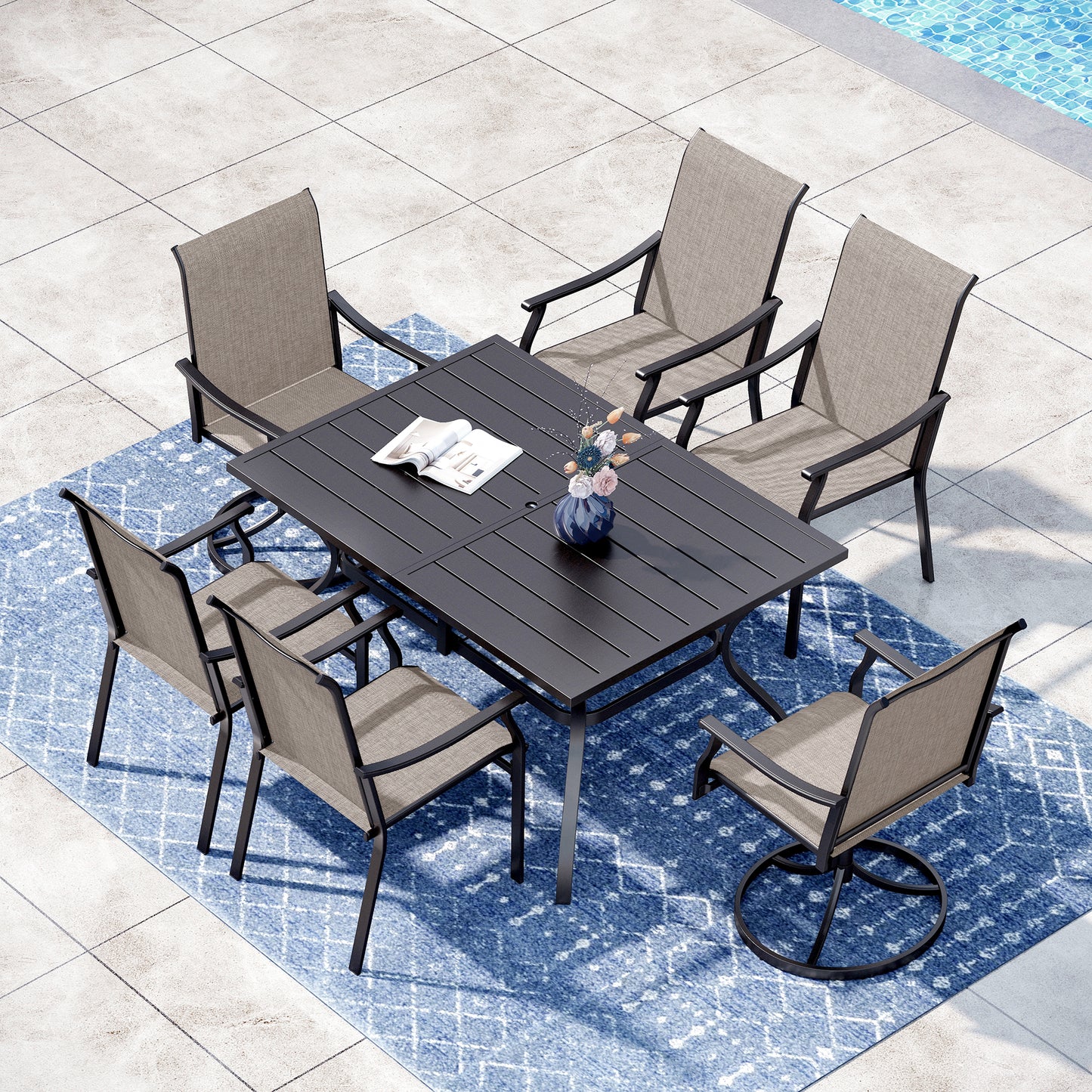 Captiva Designs 7 件套户外餐桌椅套装，配有带板顶的矩形桌子和高背藤制固定椅子