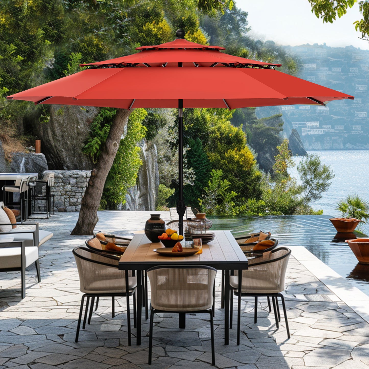 Captiva Designs 6pc Patio Dining Set with Square Steel Frame Table  & Sling Chairs & Market Umbrella