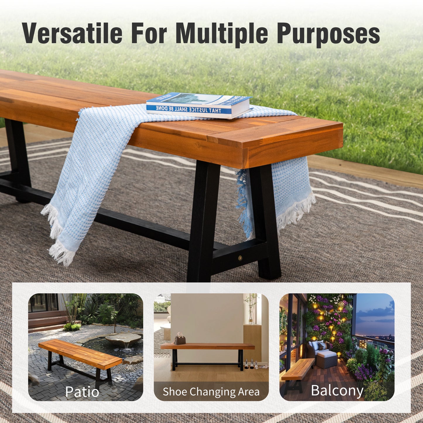 Captiva Designs Outdoor Patio Weatherproof Dining Long Narrow Garden Backless Acacia Wood Bench